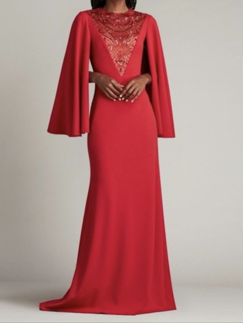 Tadashi Shoji Bead & Sequin Cape Sleeve Maxi Gown In Geranium Size 14